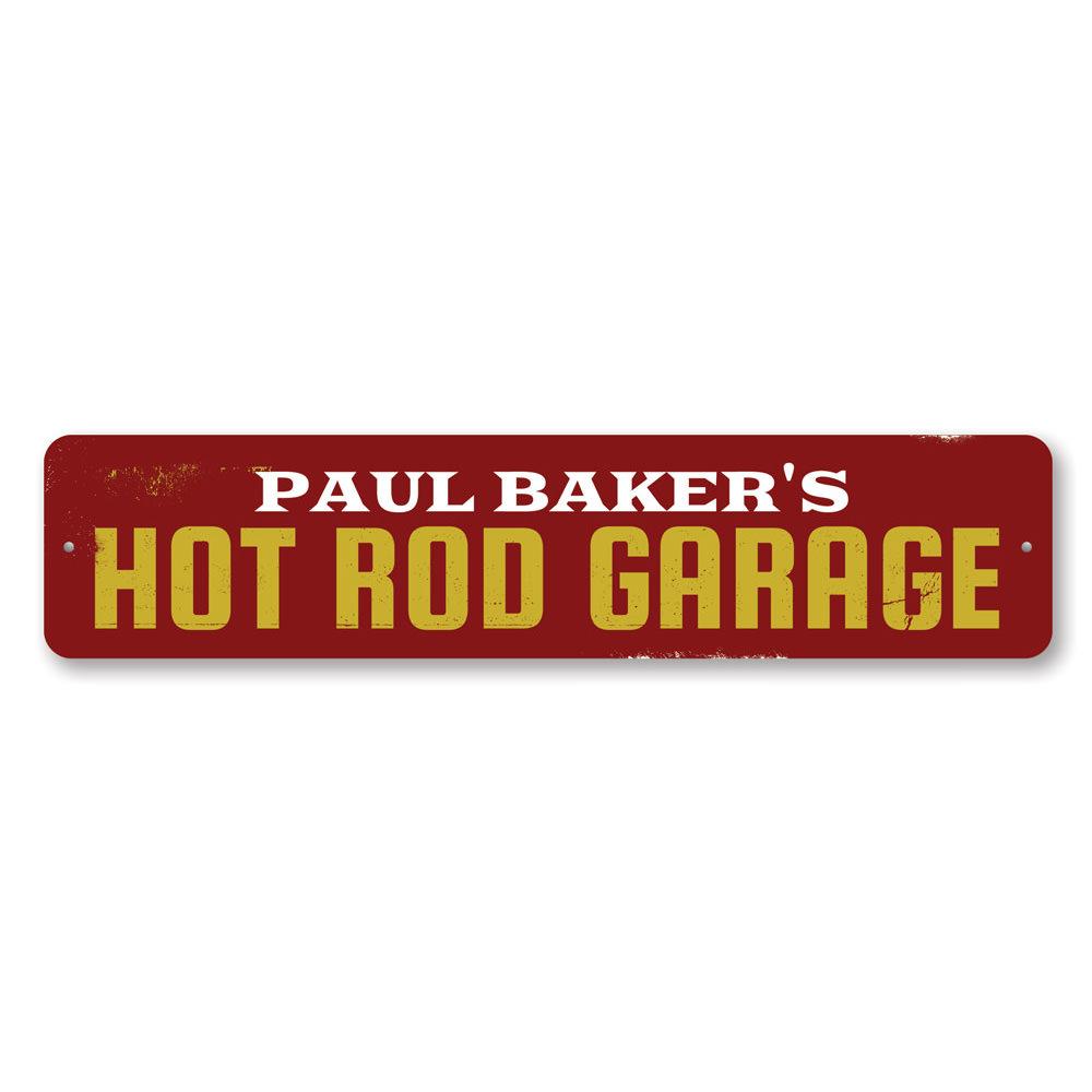 A vibrant Hot Rod Garage Sign made of aluminum, featuring a classic hot rod design, perfect for garage or man cave decor.