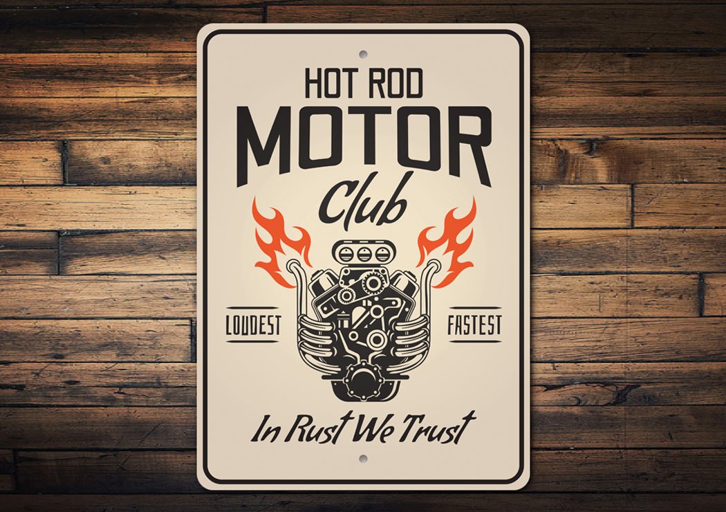 Hot Rod Motor Club Garage Sign made of aluminum, featuring vibrant colors and a classic design, perfect for car enthusiasts.