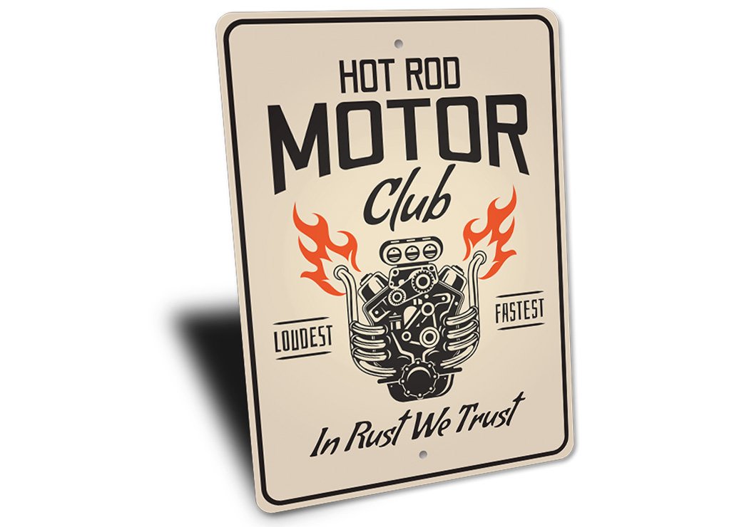 Hot Rod Motor Club Garage Sign made of aluminum, featuring vibrant colors and a classic design, perfect for car enthusiasts.