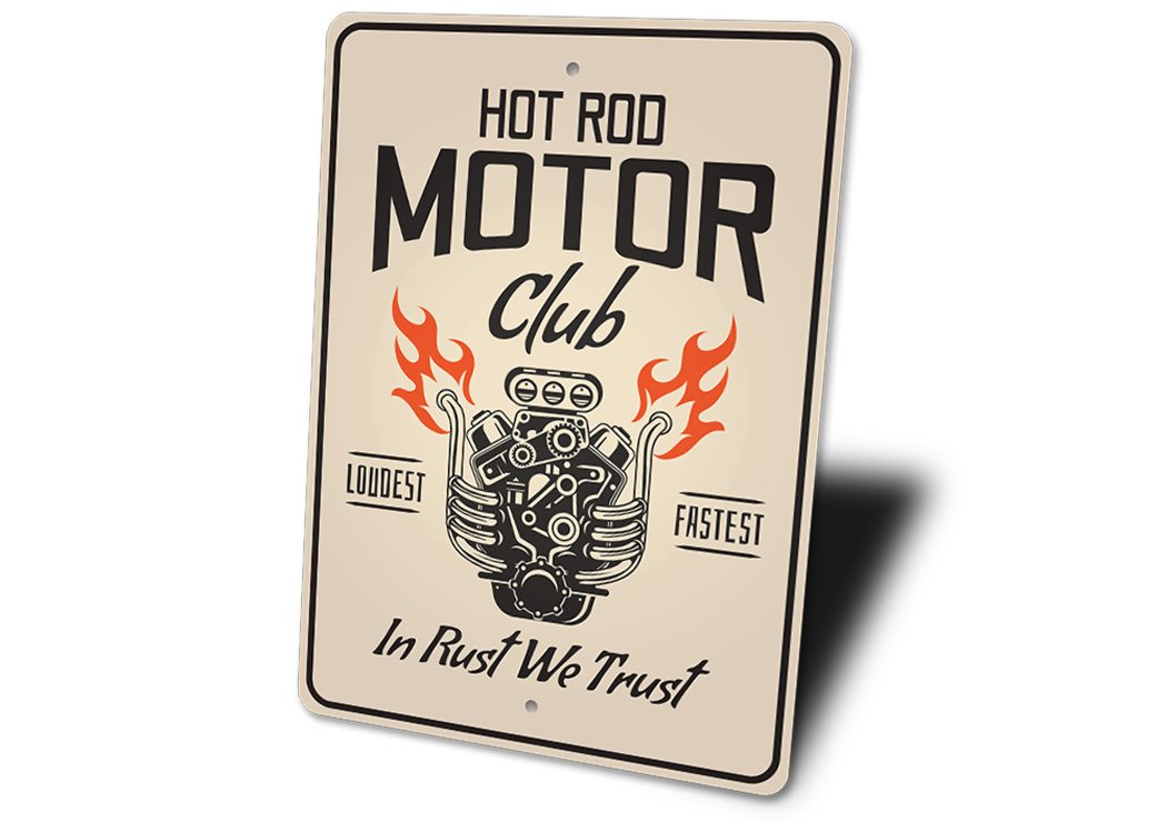 Hot Rod Motor Club Garage Sign made of aluminum, featuring vibrant colors and a classic design, perfect for car enthusiasts.