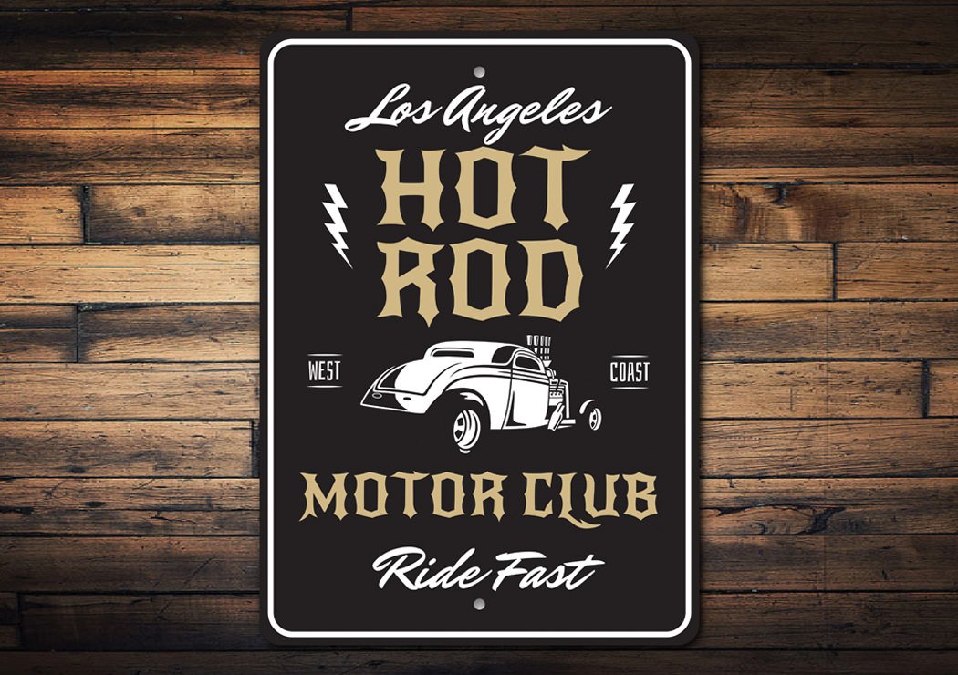 Hot Rod Motor Club Sign made of aluminum, featuring customizable text and pre-drilled holes for easy mounting.