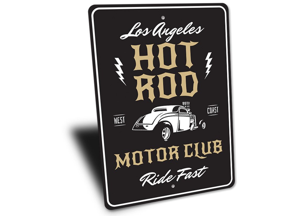 Hot Rod Motor Club Sign made of aluminum, featuring customizable text and pre-drilled holes for easy mounting.