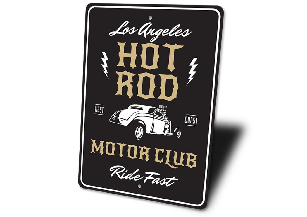 Hot Rod Motor Club Sign made of aluminum, featuring customizable text and pre-drilled holes for easy mounting.