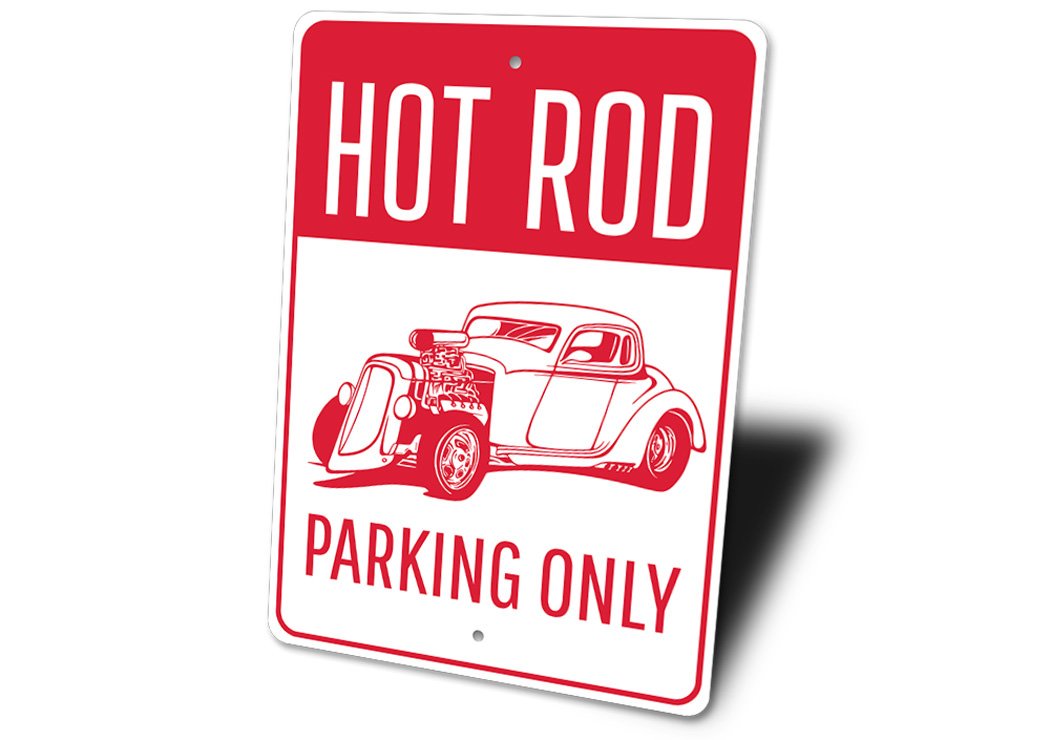 Hot Rod Parking Only sign made of durable aluminum, featuring a vibrant design suitable for garages and man caves.