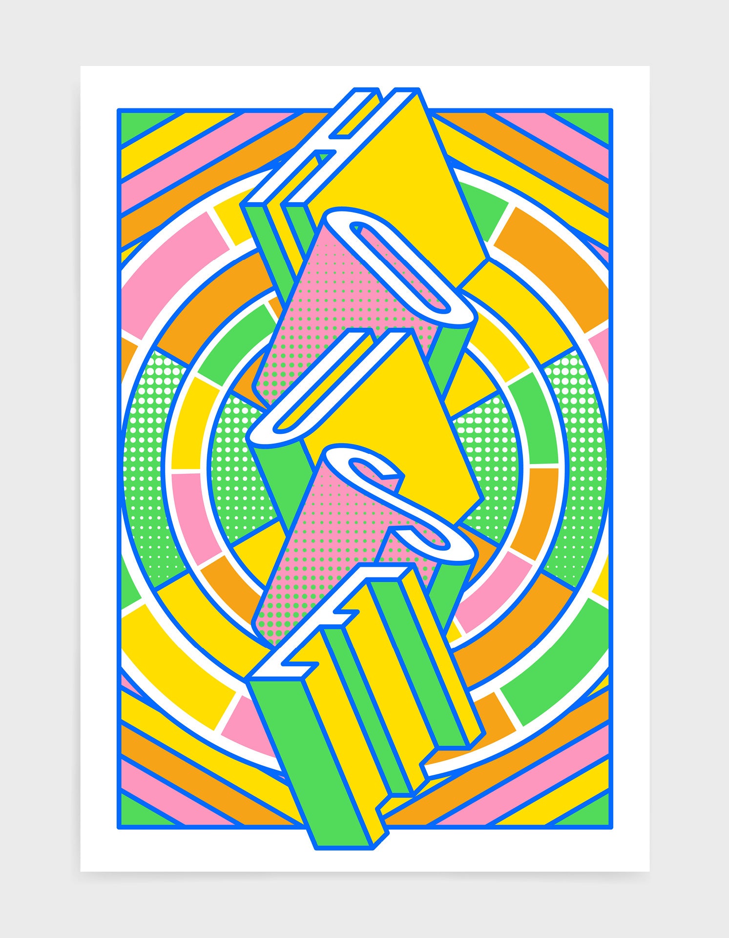 Vibrant house music art print featuring geometric abstract patterns in bold colors, ideal for home decor.