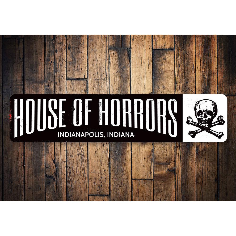 House of Horrors Sign featuring spooky Halloween design, made from high-quality aluminum with customizable text options.