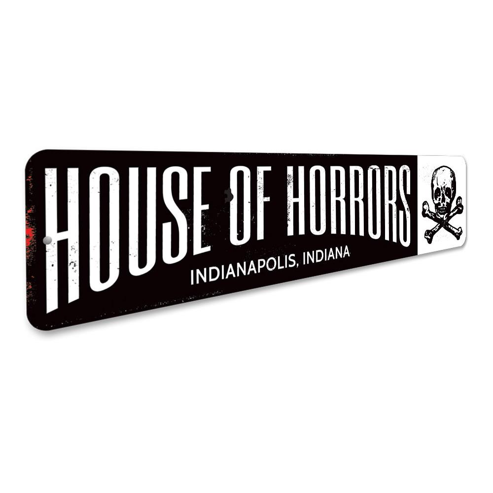 House of Horrors Sign featuring spooky Halloween design, made from high-quality aluminum with customizable text options.