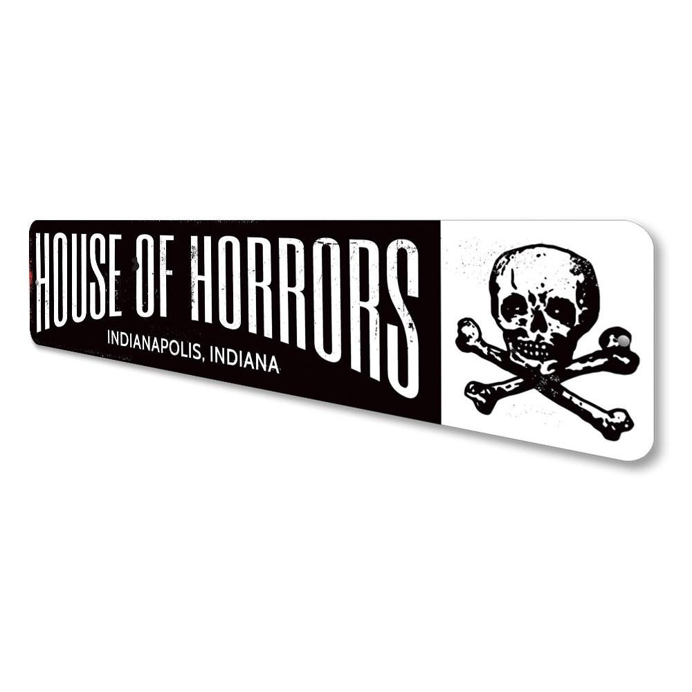 House of Horrors Sign featuring spooky Halloween design, made from high-quality aluminum with customizable text options.