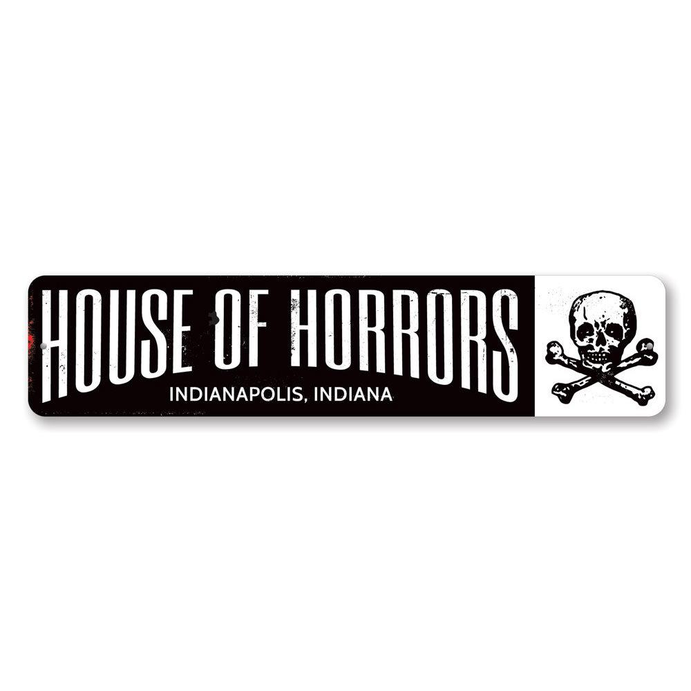 House of Horrors Sign featuring spooky Halloween design, made from high-quality aluminum with customizable text options.