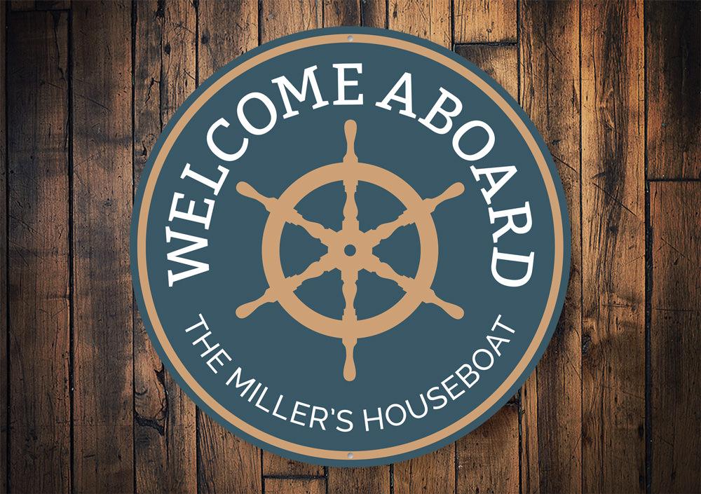 Customizable Houseboat Sign made from durable aluminum, perfect for lakehouse decor.