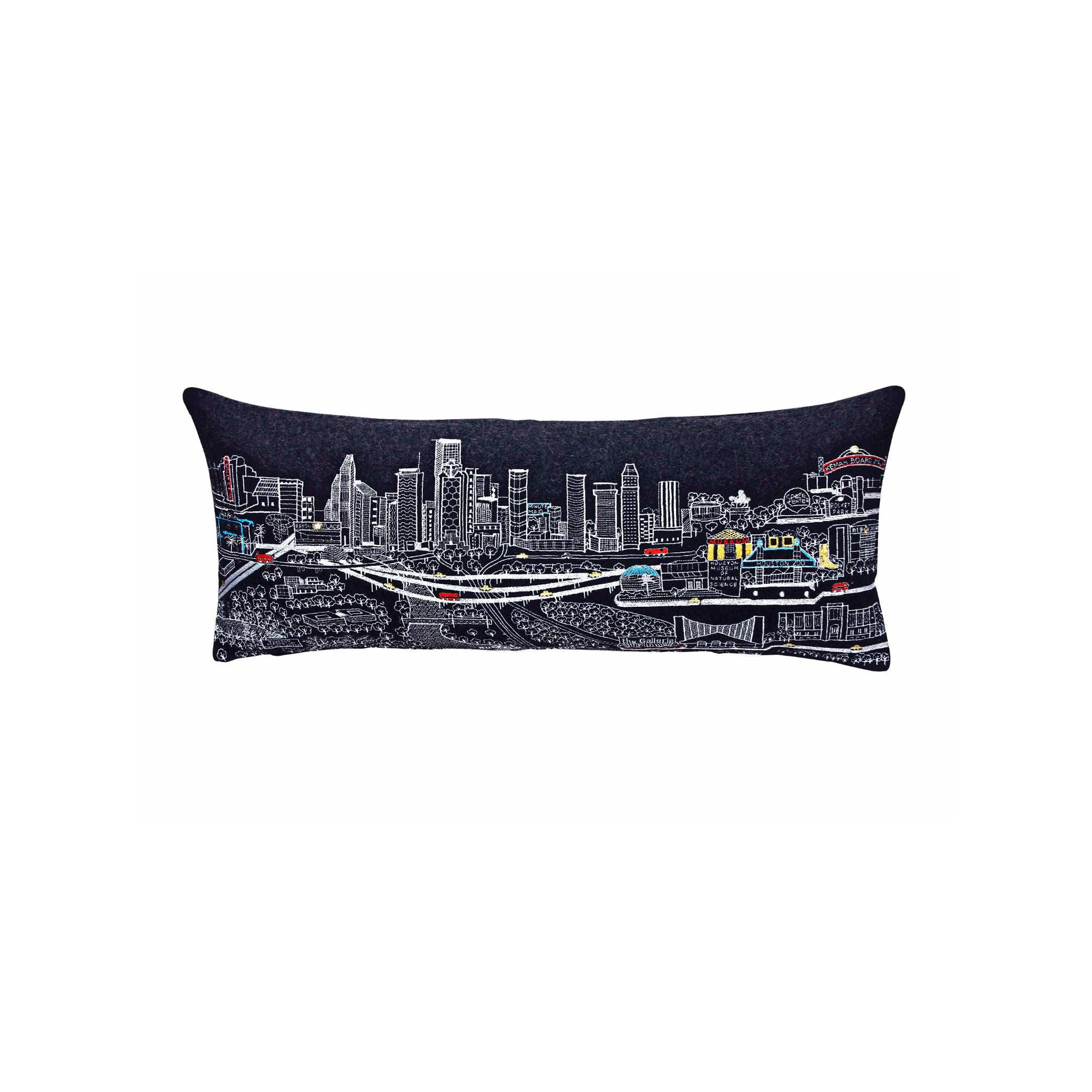 Houston Pillow featuring a vibrant design inspired by the city, with a red zipper at the bottom and made from wool and nylon blend.