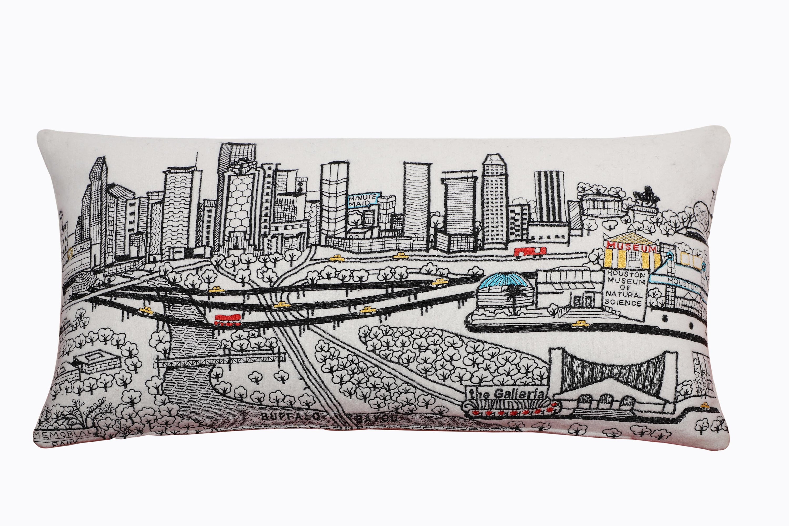 Houston Pillow featuring a vibrant design inspired by the city, with a red zipper at the bottom and made from wool and nylon blend.