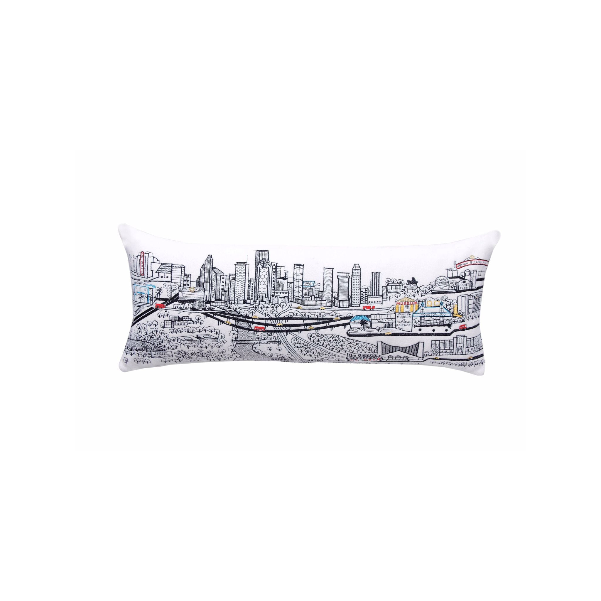 Houston Pillow featuring a vibrant design inspired by the city, with a red zipper at the bottom and made from wool and nylon blend.