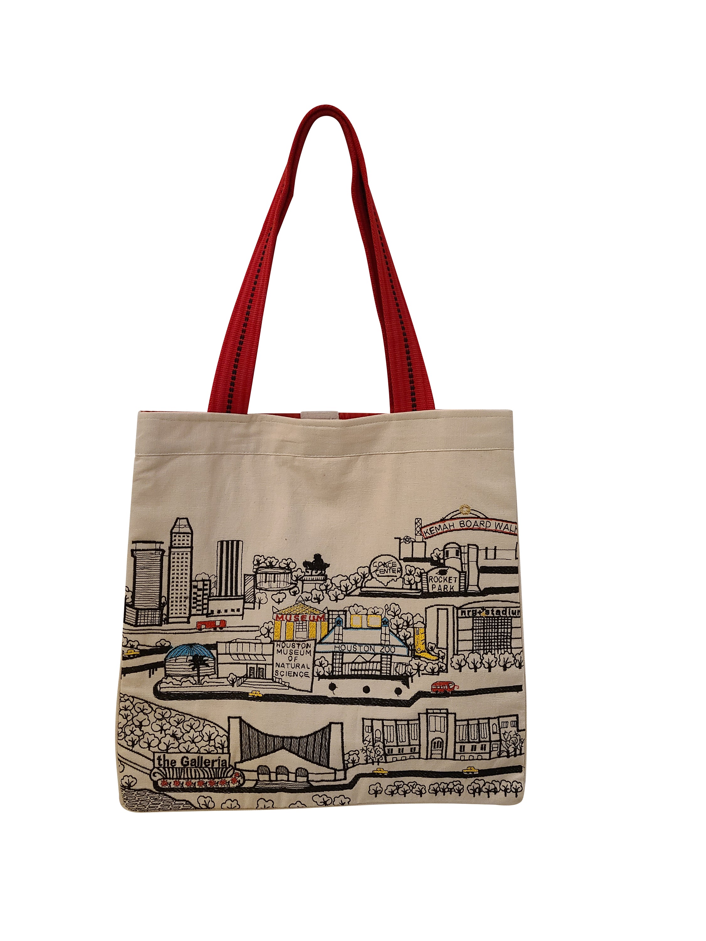 Houston Tote Bag featuring an embroidered skyline design on cream and black cotton canvas with red waterproof lining and ribbed straps.