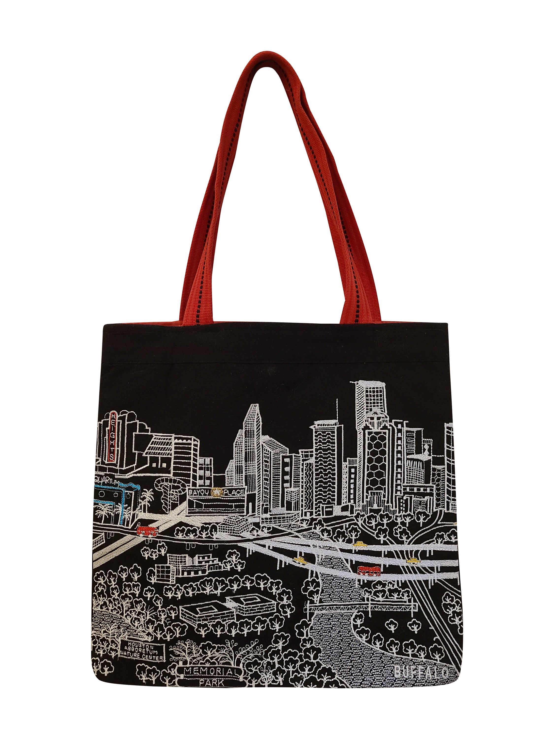 Houston Tote Bag featuring an embroidered skyline design on cream and black cotton canvas with red waterproof lining and ribbed straps.