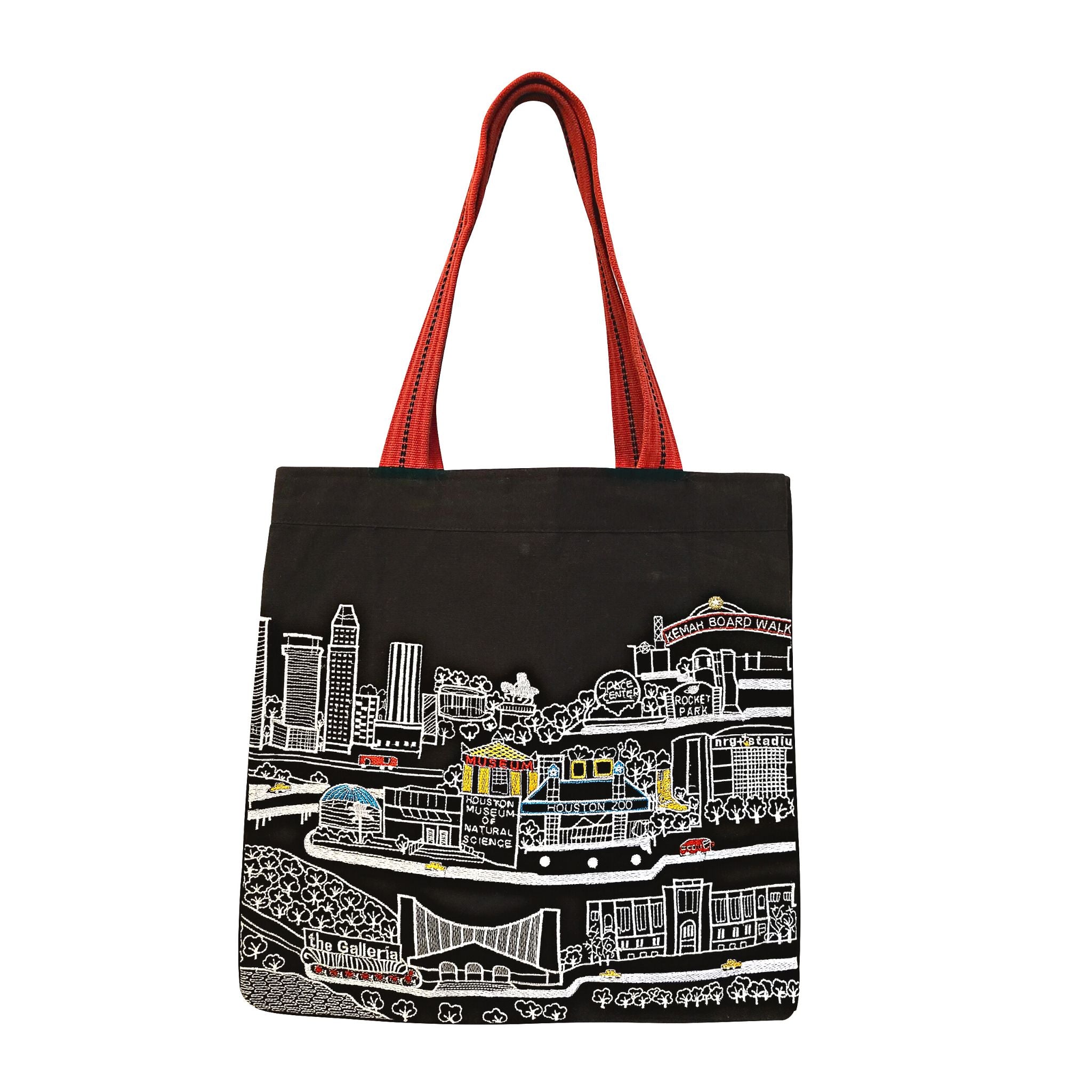 Houston Tote Bag featuring an embroidered skyline design on cream and black cotton canvas with red waterproof lining and ribbed straps.