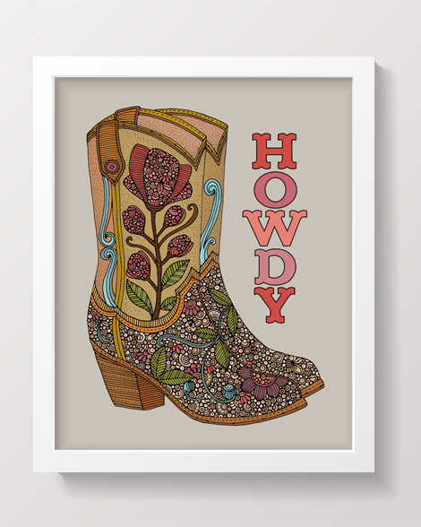 Archival art print titled 'Howdy', featuring original pen and ink art with vibrant digital coloring on matte card stock.