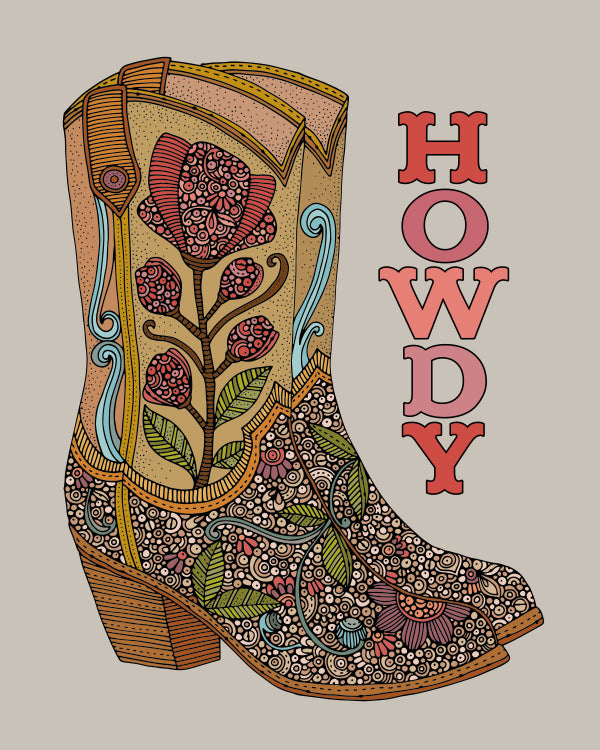 Archival art print titled 'Howdy', featuring original pen and ink art with vibrant digital coloring on matte card stock.