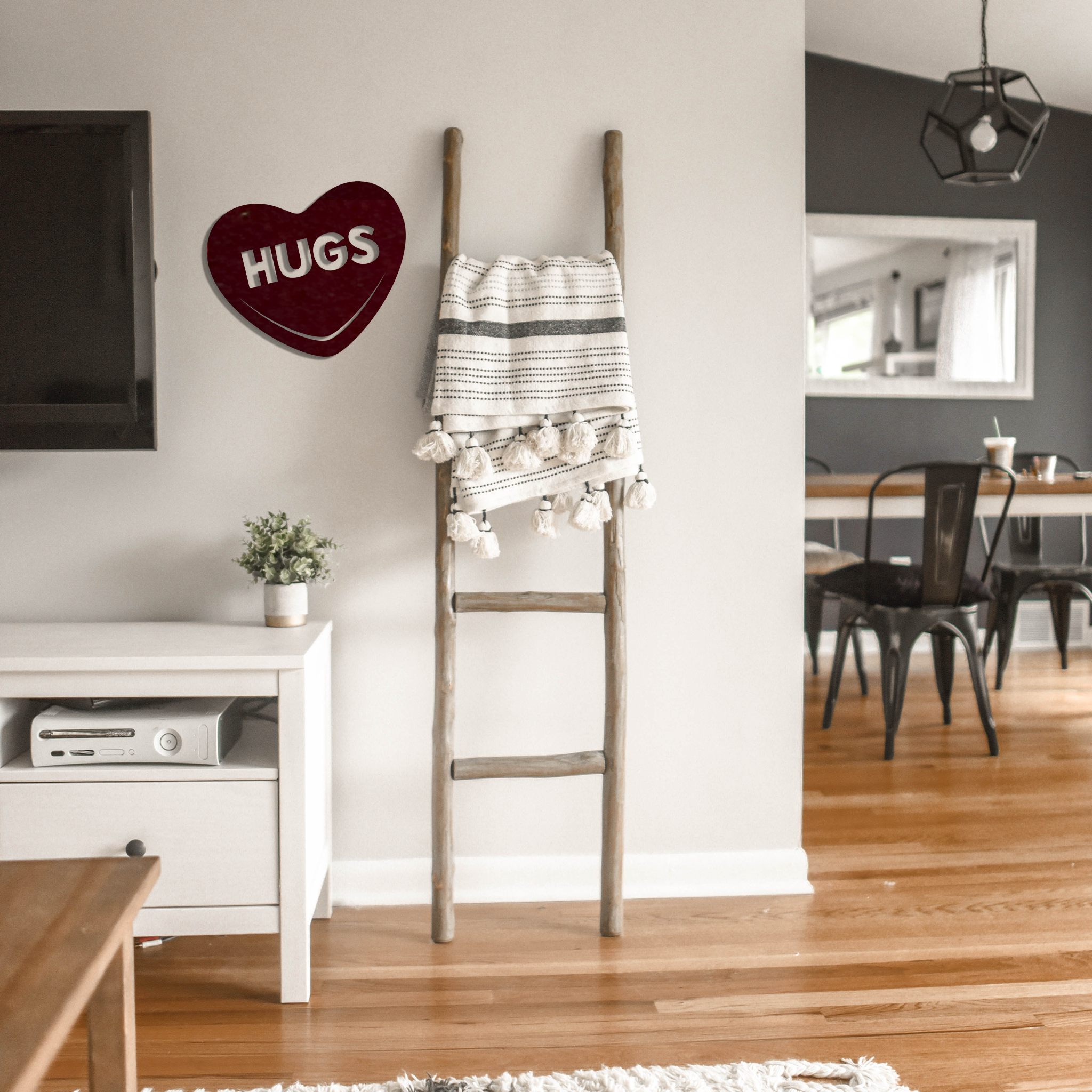 Hugs Candy Heart Metal Wall Art showcasing a heart design made from 16 gauge steel with a low gloss finish, perfect for home decor.