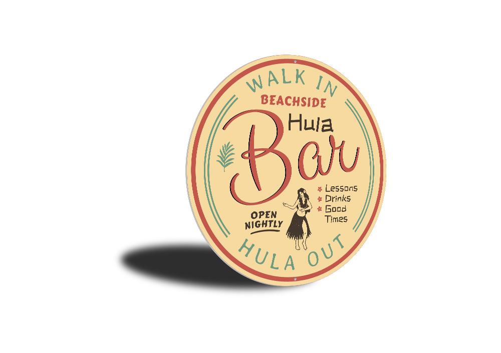 Custom Hula Bar Sign made of durable aluminum, featuring vibrant colors and pre-drilled holes for easy mounting.