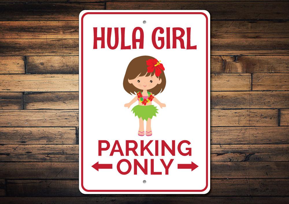 Hula Girl Parking Sign made of durable aluminum, featuring a vibrant design perfect for personalizing parking spaces.