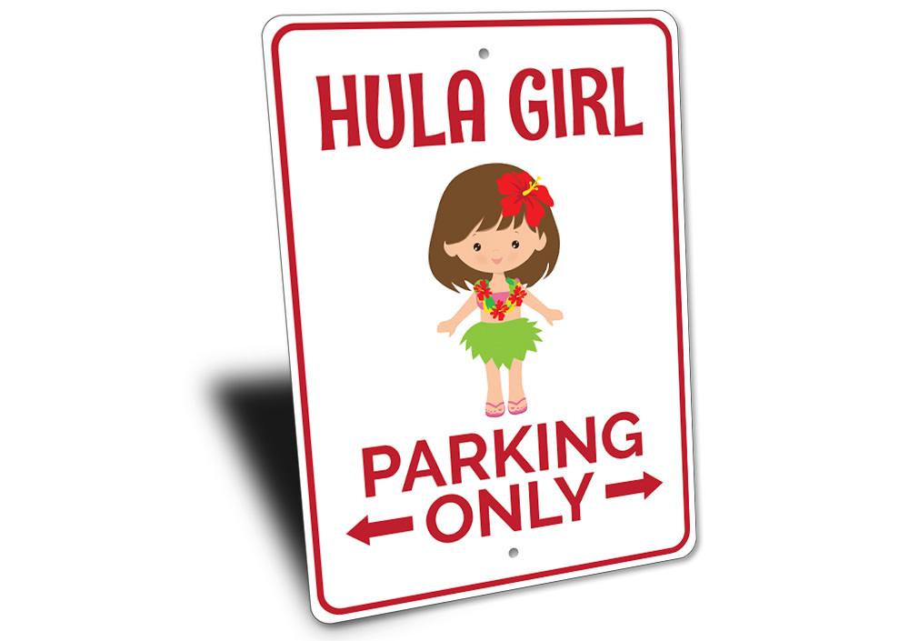 Hula Girl Parking Sign made of durable aluminum, featuring a vibrant design perfect for personalizing parking spaces.