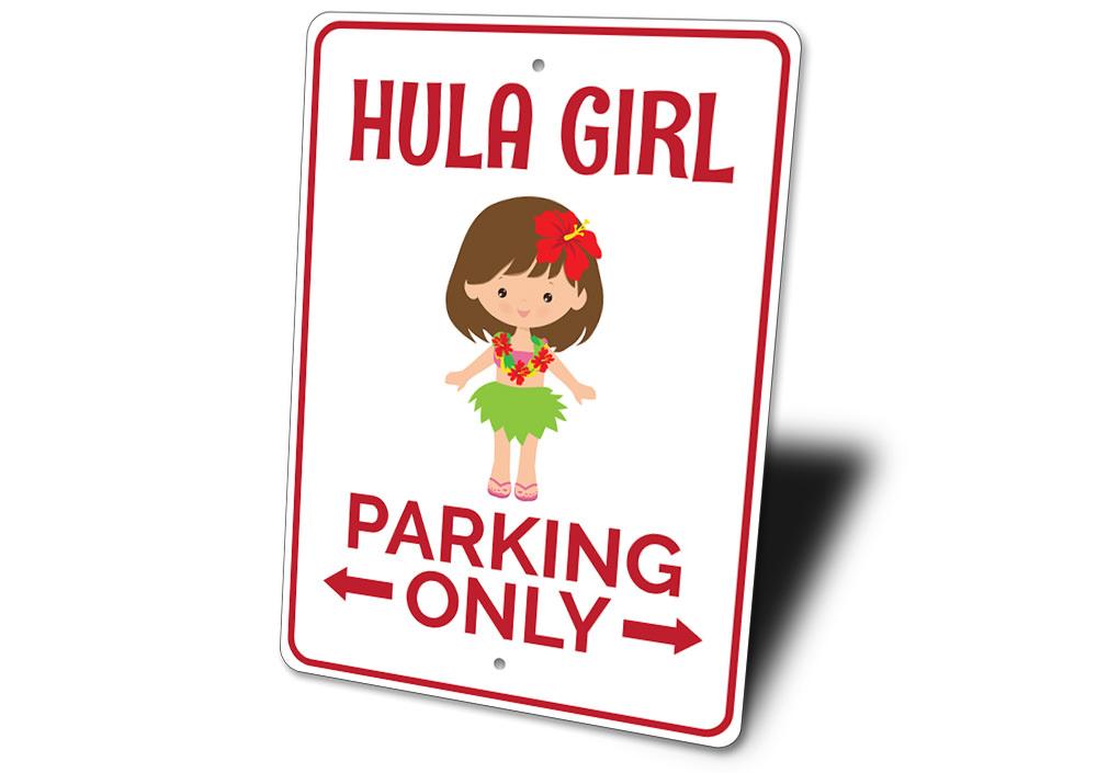 Hula Girl Parking Sign made of durable aluminum, featuring a vibrant design perfect for personalizing parking spaces.