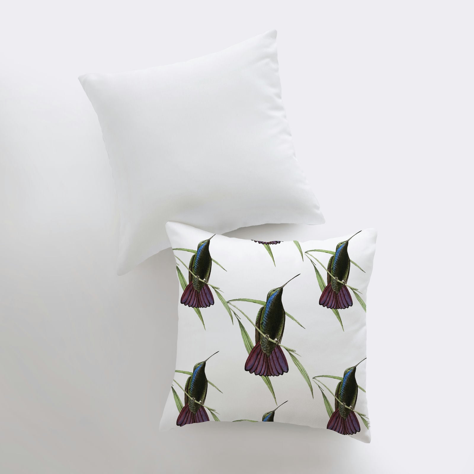 A beautifully designed Humming Bird Pillow Cover featuring a vibrant repeat pattern of hummingbirds, perfect for bird lovers and home decor.