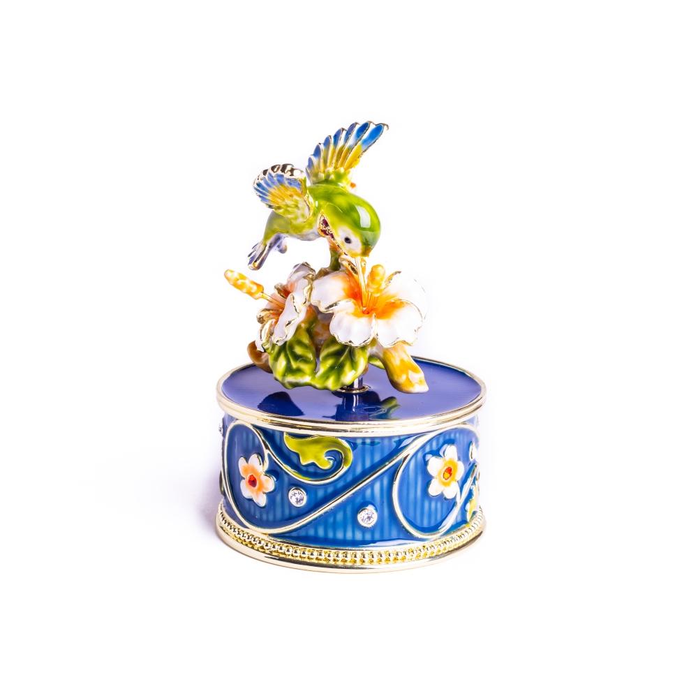 Hummingbird and Flower Music Box featuring intricate enamel painting and Austrian crystals, elegantly plated with 24K gold.