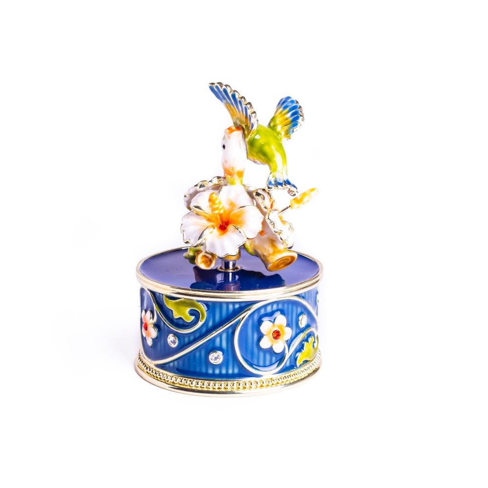 Hummingbird and Flower Music Box featuring intricate enamel painting and Austrian crystals, elegantly plated with 24K gold.