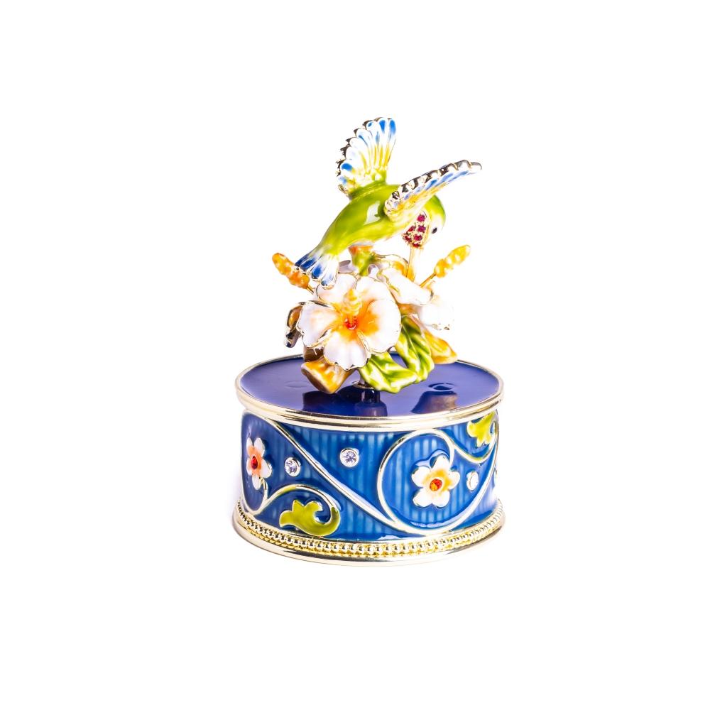 Hummingbird and Flower Music Box featuring intricate enamel painting and Austrian crystals, elegantly plated with 24K gold.