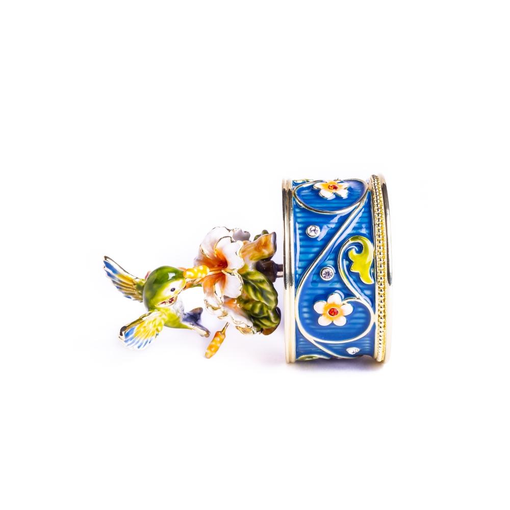 Hummingbird and Flower Music Box featuring intricate enamel painting and Austrian crystals, elegantly plated with 24K gold.