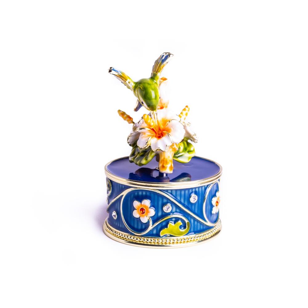 Hummingbird and Flower Music Box featuring intricate enamel painting and Austrian crystals, elegantly plated with 24K gold.