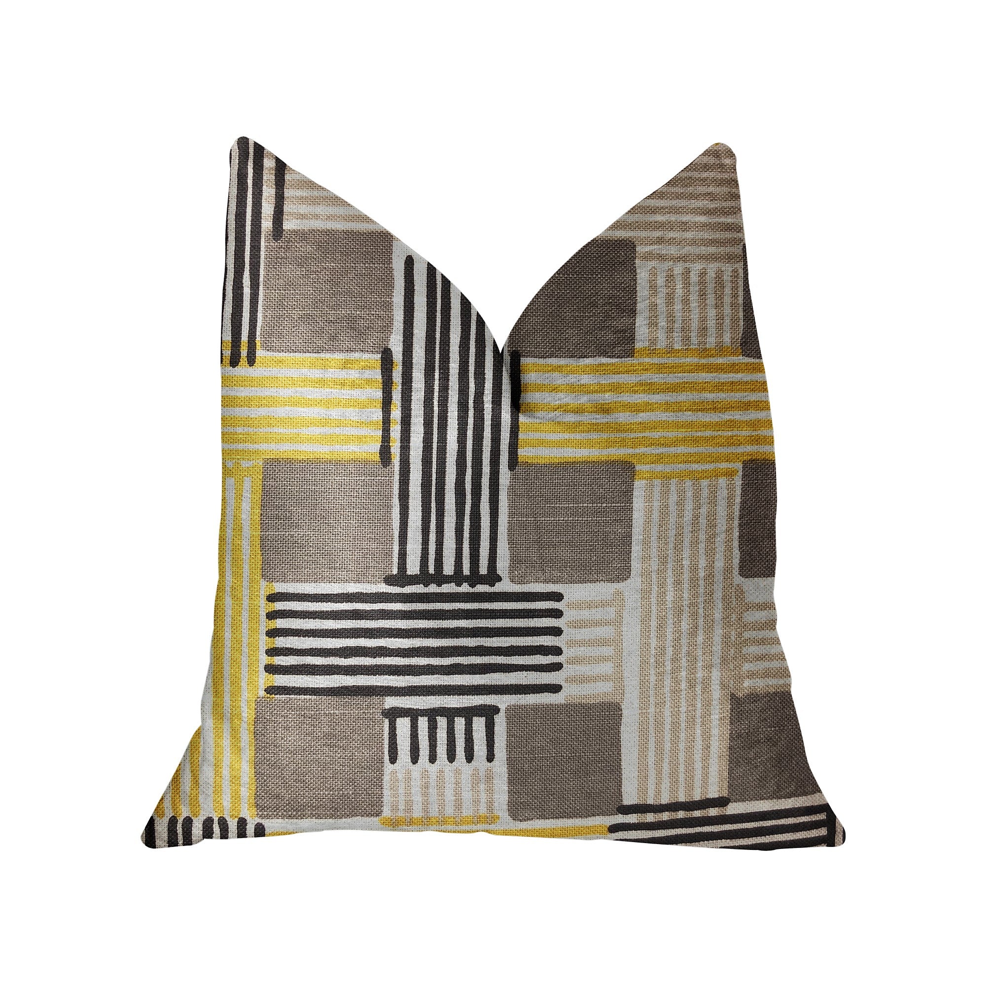 Hummingbird Isle luxury throw pillow in yellow, beige, and gray with geometric pattern, featuring an invisible zipper and handmade quality.