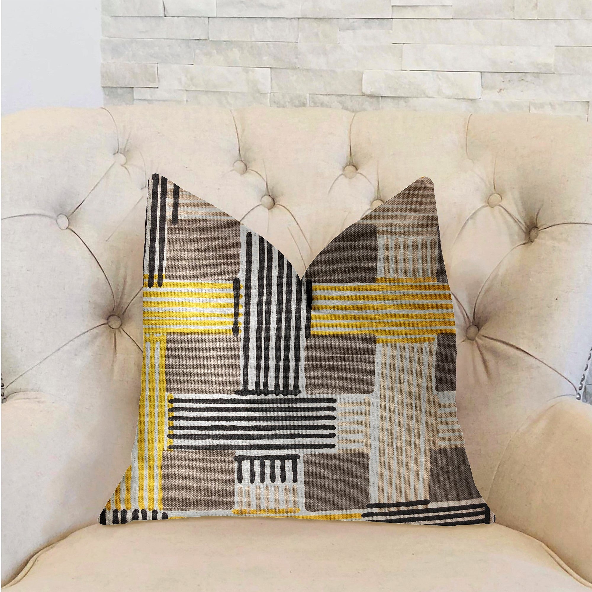 Hummingbird Isle luxury throw pillow in yellow, beige, and gray with geometric pattern, featuring an invisible zipper and handmade quality.