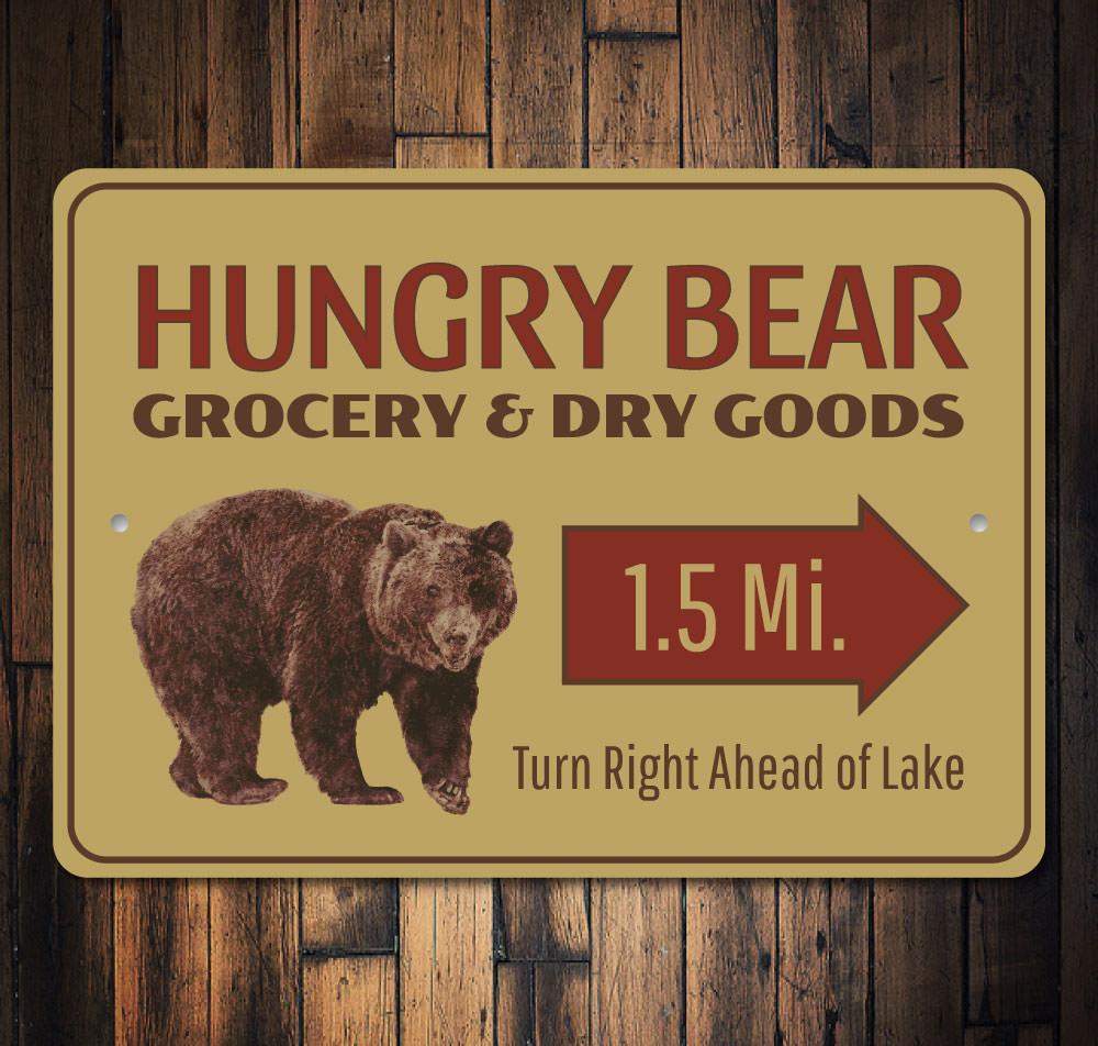 Hungry Bear Sign featuring a bear design, crafted from high-quality aluminum, perfect for lakehouse decor.