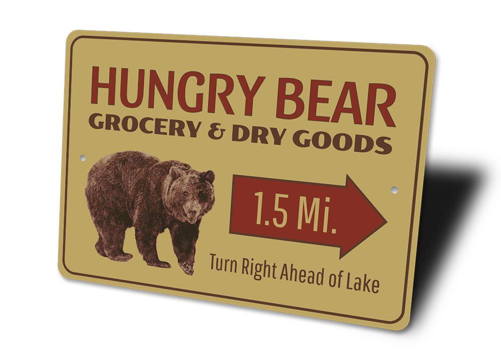 Hungry Bear Sign featuring a bear design, crafted from high-quality aluminum, perfect for lakehouse decor.