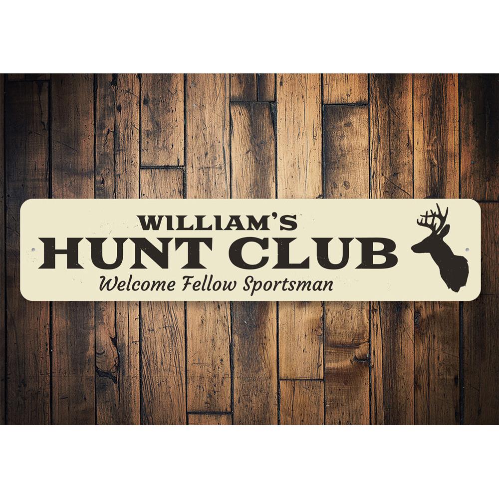 Customizable Hunt Club Sign made from high-quality aluminum, featuring pre-drilled holes for easy mounting.