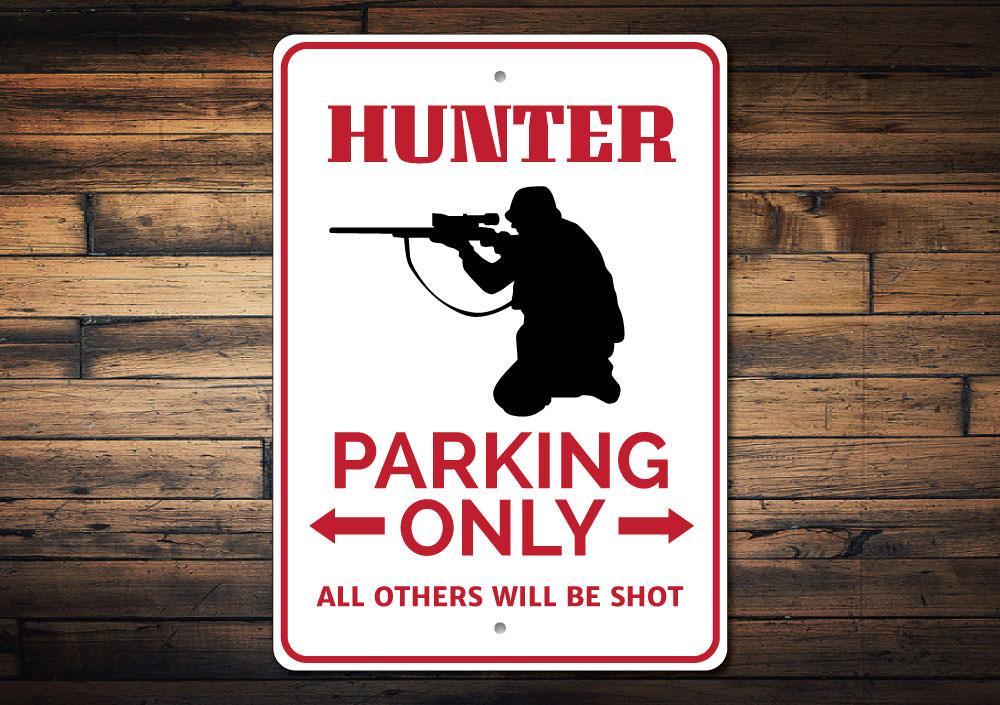 Hunter Parking Sign made of durable aluminum, featuring customizable text and designs for various professions, easy to mount with pre-drilled holes.