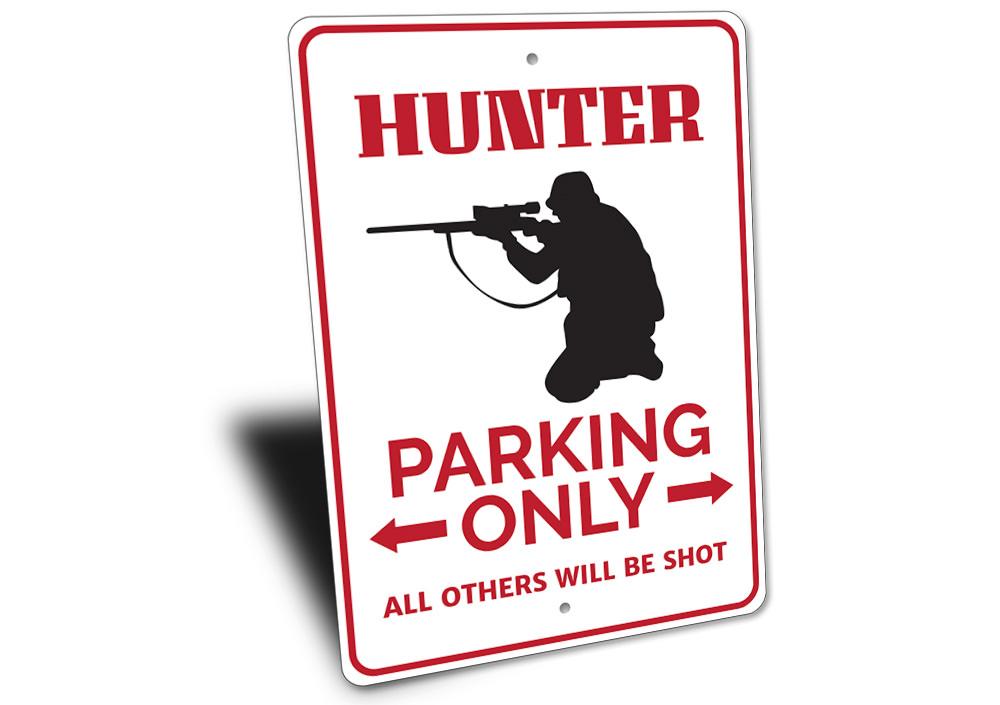 Hunter Parking Sign made of durable aluminum, featuring customizable text and designs for various professions, easy to mount with pre-drilled holes.