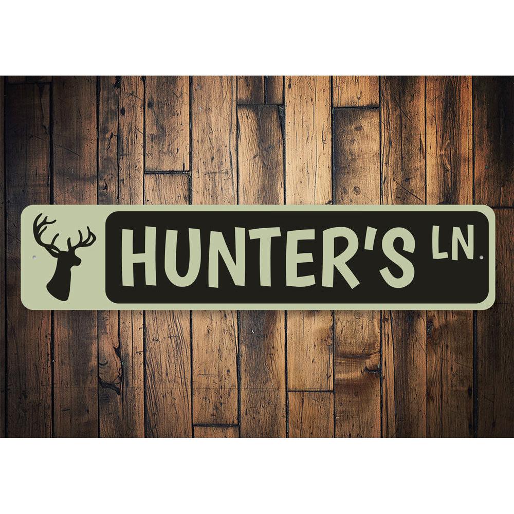 Hunter's Lane Sign made of high-quality aluminum, featuring customizable text, ideal for lakehouse decor.