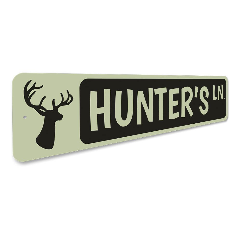 Hunter's Lane Sign made of high-quality aluminum, featuring customizable text, ideal for lakehouse decor.