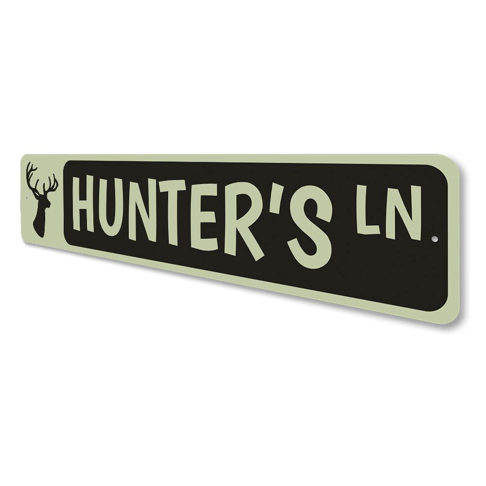 Hunter's Lane Sign made of high-quality aluminum, featuring customizable text, ideal for lakehouse decor.