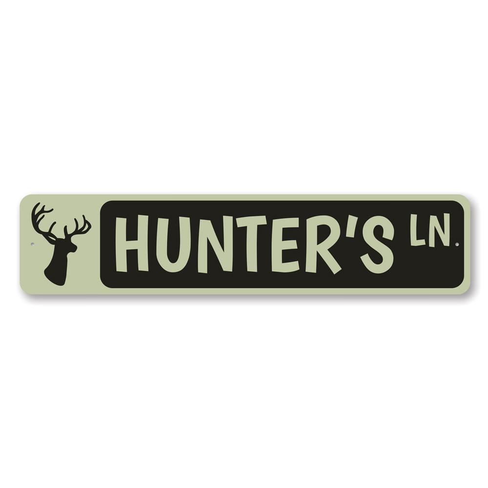 Hunter's Lane Sign made of high-quality aluminum, featuring customizable text, ideal for lakehouse decor.