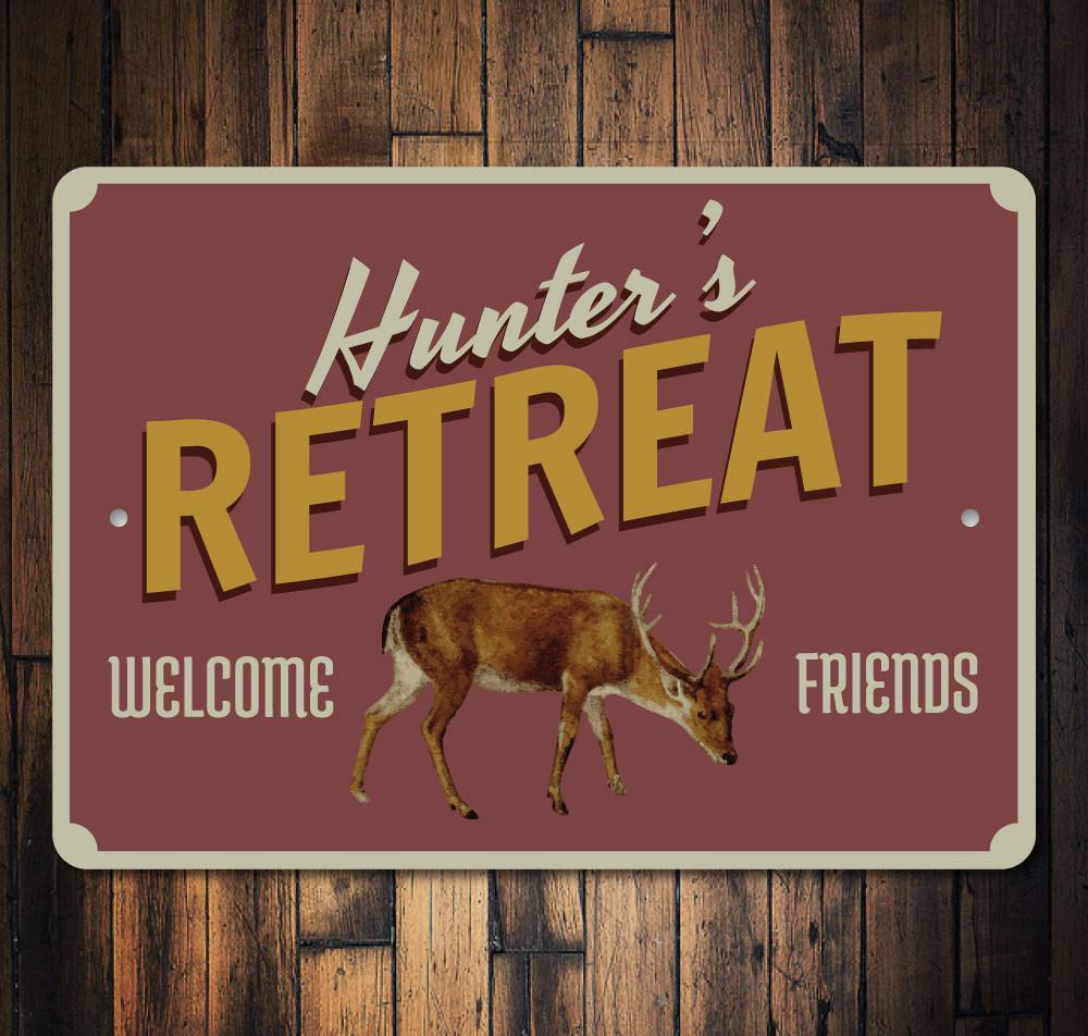 Hunter's Retreat Sign made of high-quality aluminum, featuring a rustic design perfect for home decor.