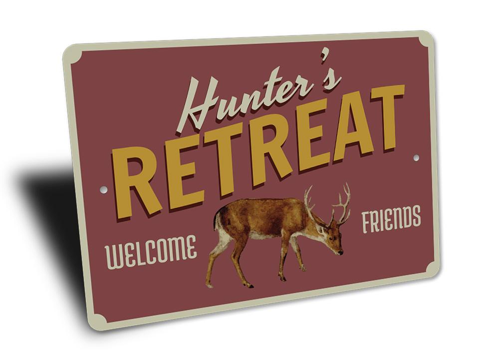 Hunter's Retreat Sign made of high-quality aluminum, featuring a rustic design perfect for home decor.