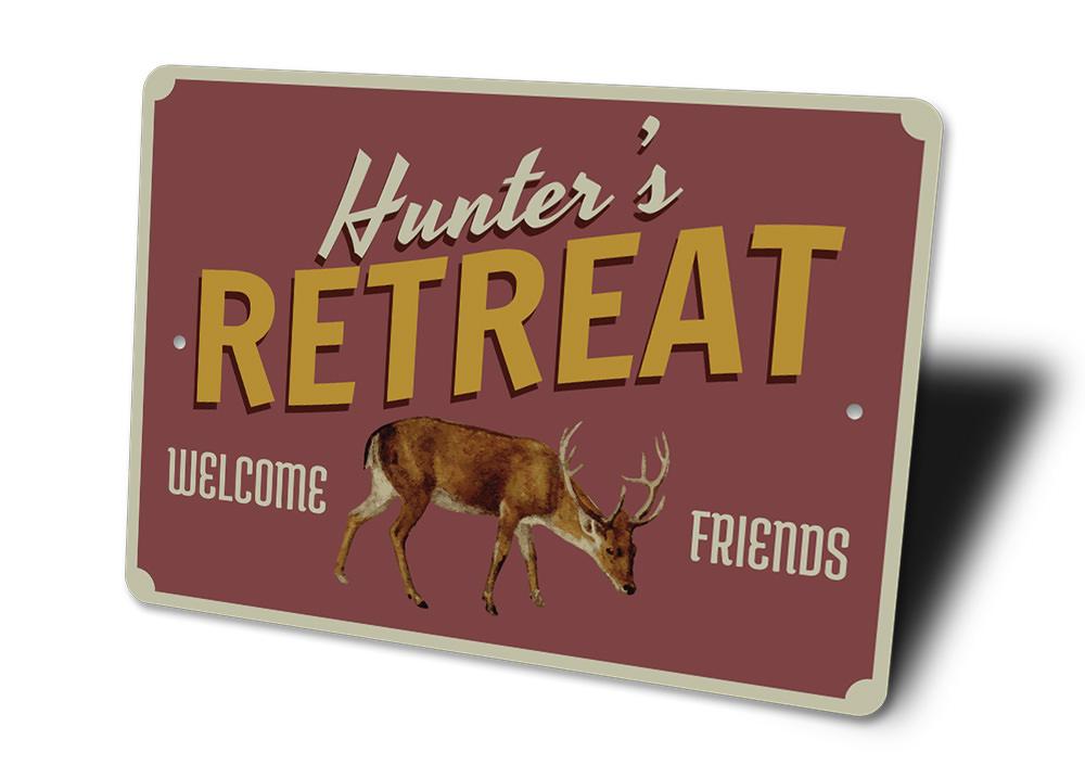 Hunter's Retreat Sign made of high-quality aluminum, featuring a rustic design perfect for home decor.