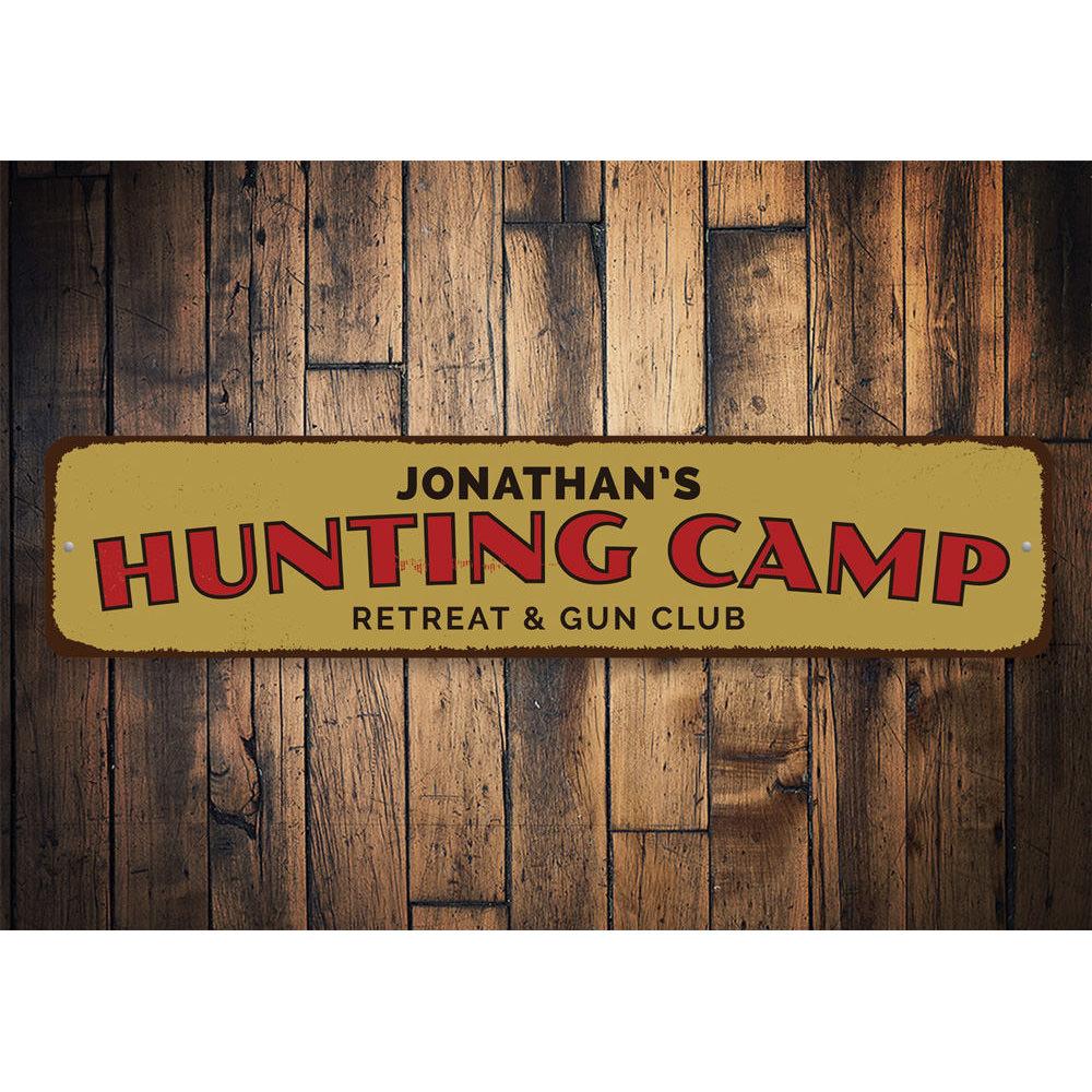 A beautifully crafted Hunting Camp Retreat Sign made of high-quality aluminum, featuring customizable text and pre-drilled holes for easy mounting.