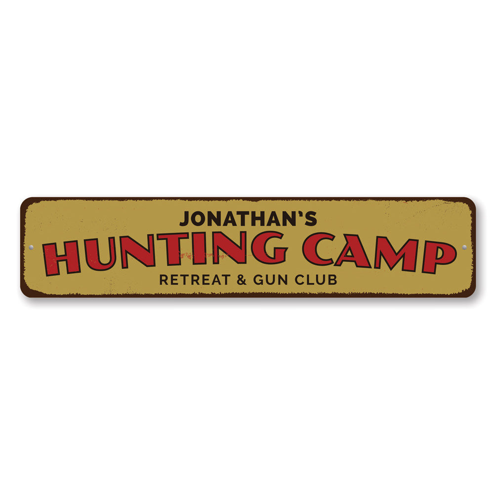 A beautifully crafted Hunting Camp Retreat Sign made of high-quality aluminum, featuring customizable text and pre-drilled holes for easy mounting.