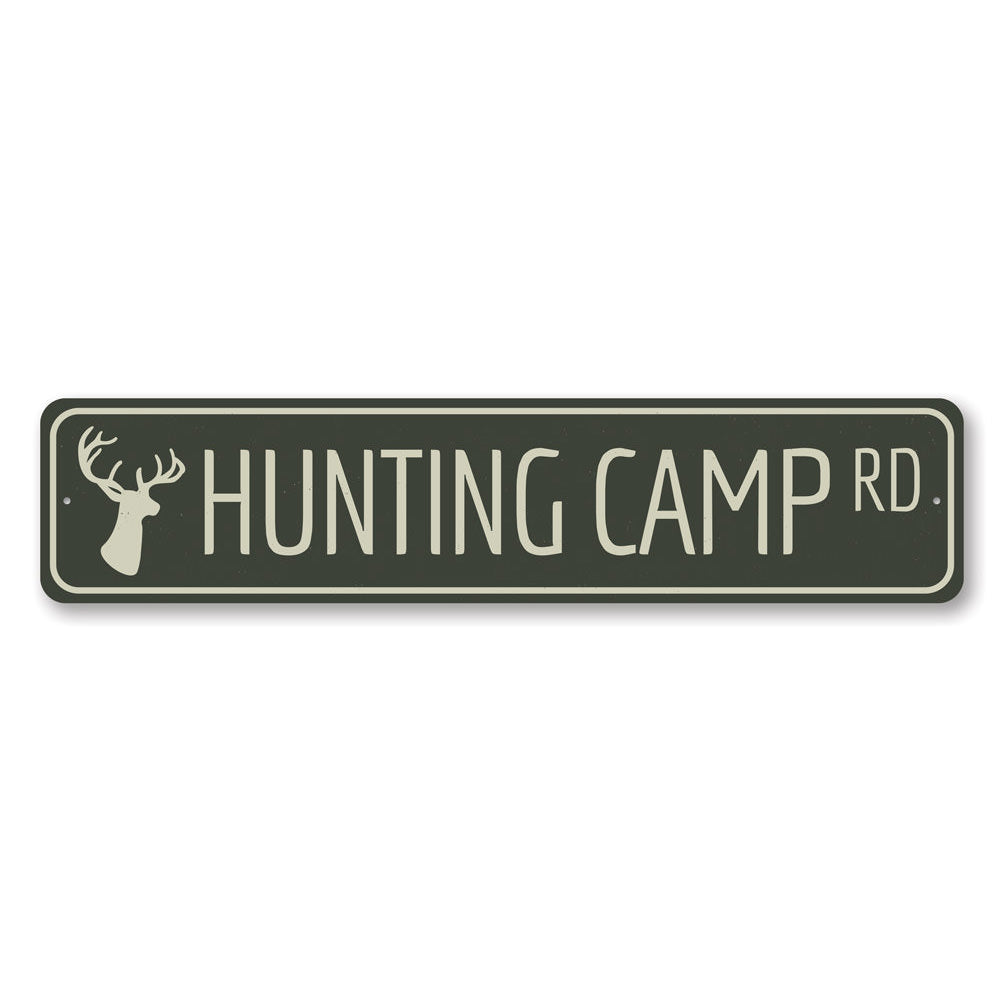 A decorative Hunting Camp Road Sign made of high-quality aluminum, featuring customizable text and pre-drilled holes for easy mounting.